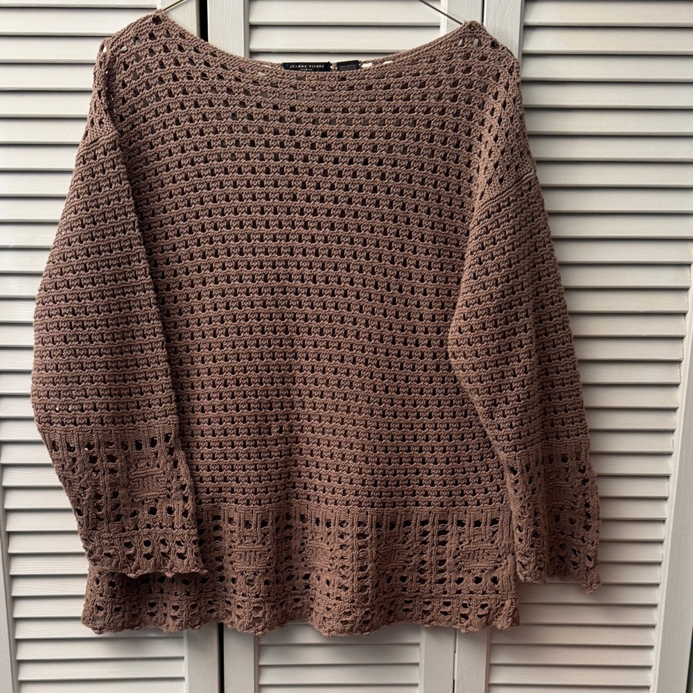 JEANNE PIERRE Crocheted Scoop Neck Sweater - Taupe